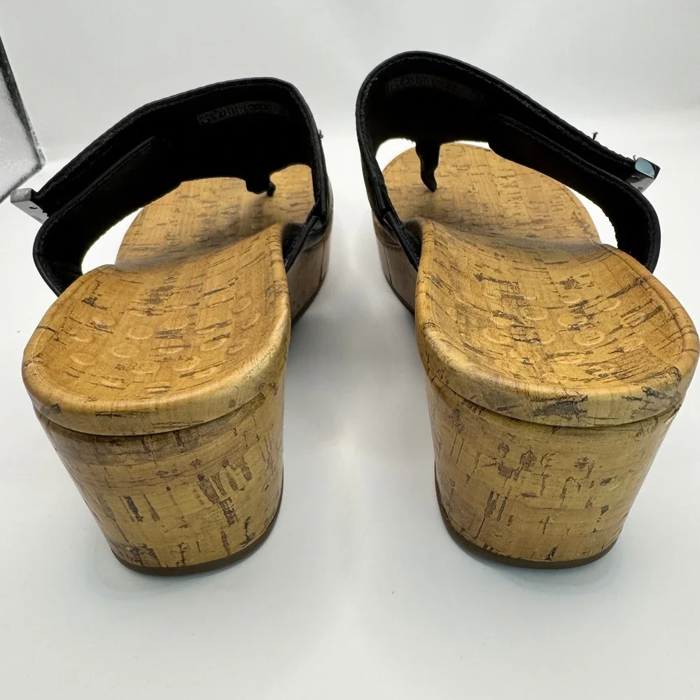 Vionic Anitra Wedge Sandals Womens 9 Black Leather Cork Thong Slides Good VW5502